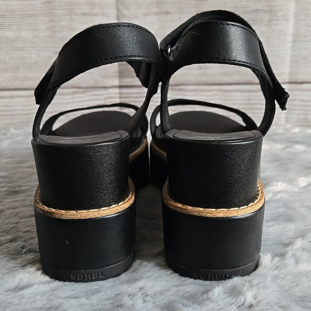 Sorel Black/Tan Platform Sandals, Womens 9 - Picture 5 of 12